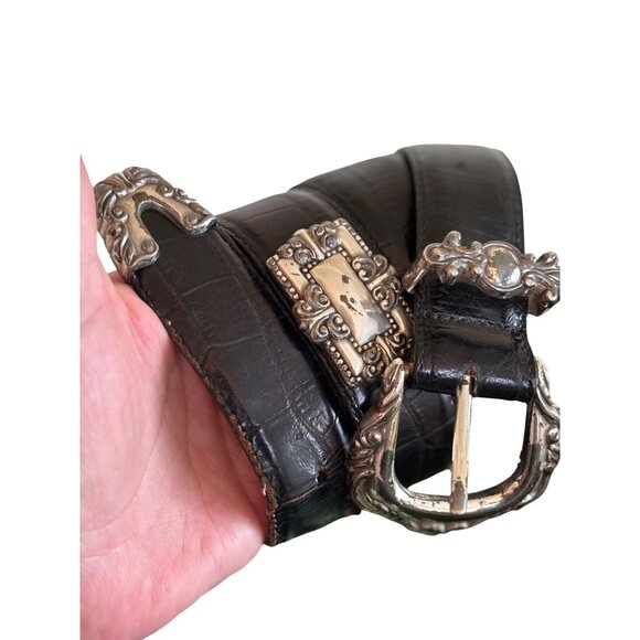 Vintage Brighton Leather Belt, Embossed Alligator Print leather, Concho Silver O - Picture 2 of 13